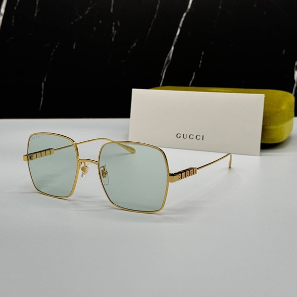 NEW GG1434S 003 GUCCI GOLD GREEN SQUARE METAL WOMEN GUCCI SUNGLASSES - Picture 1 of 13